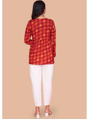 Vibrant red-orange digital printed delta silk v-neck full sleeve top for women 6