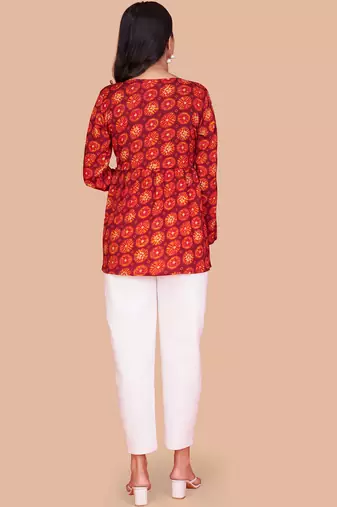 Vibrant red-orange digital printed delta silk v-neck full sleeve top for women