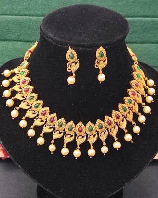 Matte gold peacock necklace set with ruby & green stones, pearl drops     ethnic bridal jewellery 3