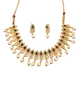 Matte gold peacock necklace set with ruby & green stones, pearl drops     ethnic bridal jewellery 4