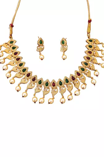 Matte gold peacock necklace set with ruby & green stones, pearl drops     ethnic bridal jewellery