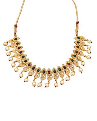 Matte gold peacock necklace set with ruby & green stones, pearl drops     ethnic bridal jewellery 5