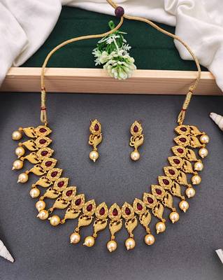 Antique gold peacock necklace set with ruby stones & pearl drops     traditional ethnic jewellery 1