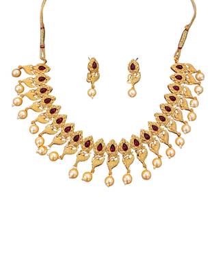 Antique gold peacock necklace set with ruby stones & pearl drops     traditional ethnic jewellery 4