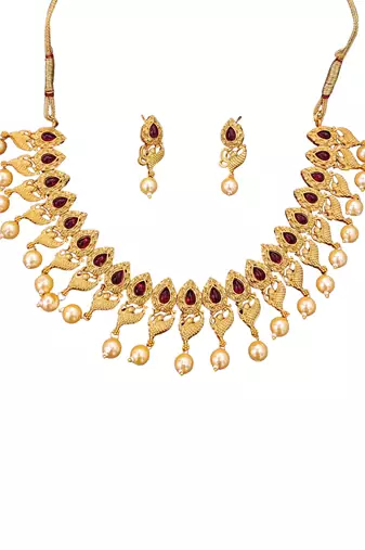 Antique gold peacock necklace set with ruby stones & pearl drops     traditional ethnic jewellery