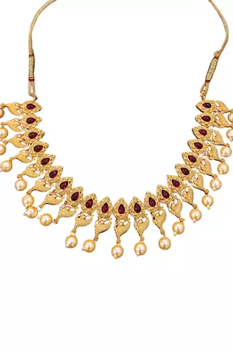 Antique gold peacock necklace set with ruby stones & pearl drops     traditional ethnic jewellery