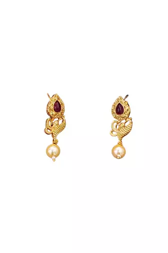 Antique gold peacock necklace set with ruby stones & pearl drops     traditional ethnic jewellery