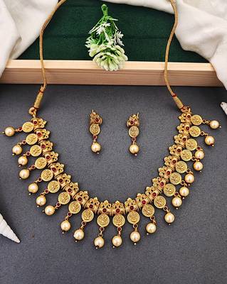 Antique gold coin necklace set with ruby stones & pearl drops     traditional south indian jewellery 1