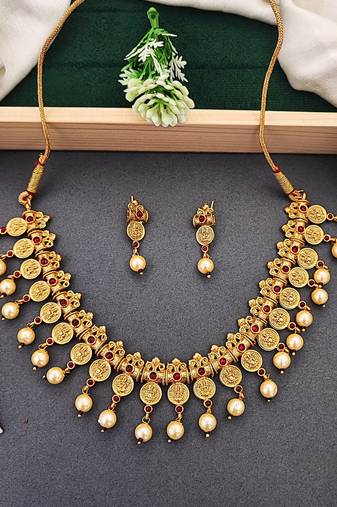 Antique gold coin necklace set with ruby stones & pearl drops – traditional south indian jewellery