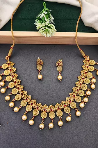 Antique gold coin necklace set with ruby stones & pearl drops – traditional south indian jewellery