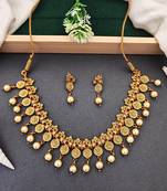 Antique gold coin necklace set with ruby stones & pearl drops – traditional south indian jewellery