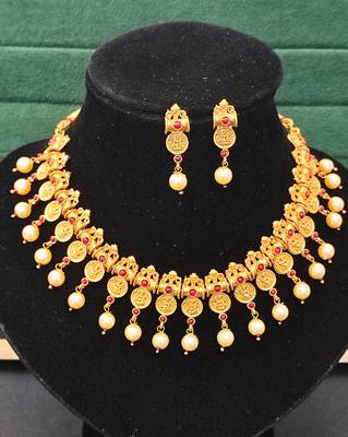 Antique gold coin necklace set with ruby stones & pearl drops     traditional south indian jewellery 3