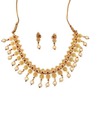 Antique gold coin necklace set with ruby stones & pearl drops     traditional south indian jewellery 4