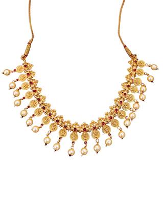 Antique gold coin necklace set with ruby stones & pearl drops     traditional south indian jewellery 5