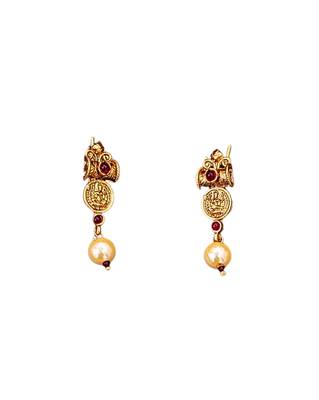 Antique gold coin necklace set with ruby stones & pearl drops     traditional south indian jewellery 6