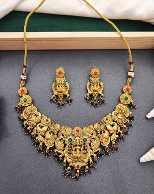 Antique gold-plated temple necklace set with lakshmi & peacock design     traditional bridal jewellery 1