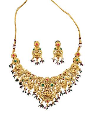 Antique gold-plated temple necklace set with lakshmi & peacock design     traditional bridal jewellery 3