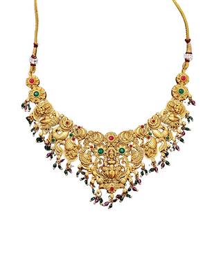 Antique gold-plated temple necklace set with lakshmi & peacock design     traditional bridal jewellery 4