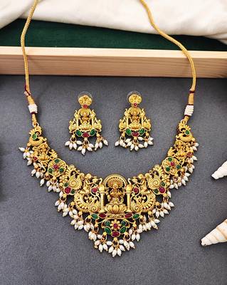 Antique gold temple necklace set with laxmi motif & earrings     bridal jewellery for women 1