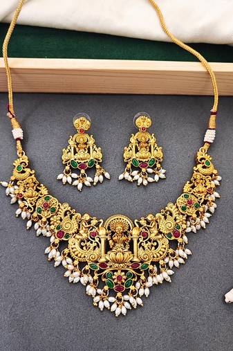 Antique gold temple necklace set with laxmi motif & earrings – bridal jewellery for women