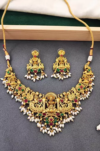 Antique gold temple necklace set with laxmi motif & earrings – bridal jewellery for women