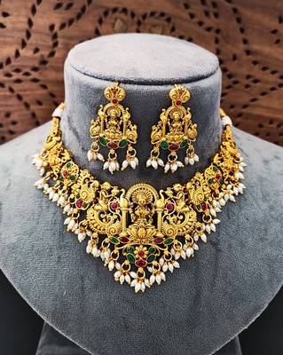 Antique gold temple necklace set with laxmi motif & earrings     bridal jewellery for women 3