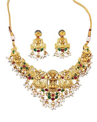 Antique gold temple necklace set with laxmi motif & earrings     bridal jewellery for women 4