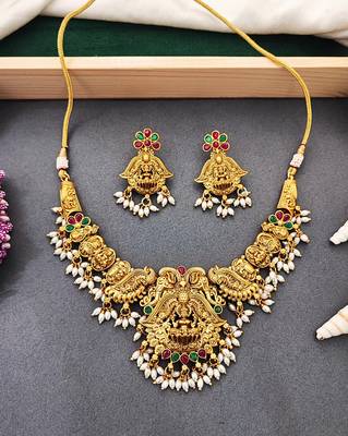 Antique temple laxmi necklace set with earrings     gold plated bridal jewellery 1