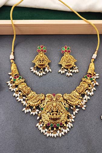 Antique temple laxmi necklace set with earrings – gold plated bridal jewellery
