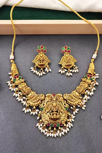 Antique temple laxmi necklace set with earrings – gold plated bridal jewellery