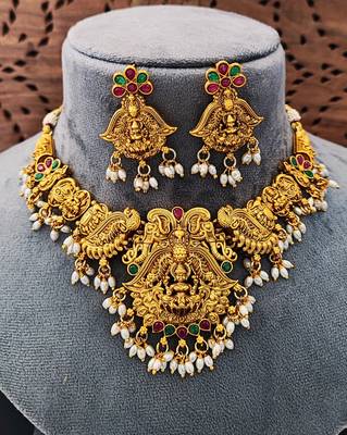 Antique temple laxmi necklace set with earrings     gold plated bridal jewellery 3