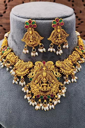 Antique temple laxmi necklace set with earrings     gold plated bridal jewellery