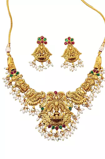 Antique temple laxmi necklace set with earrings     gold plated bridal jewellery