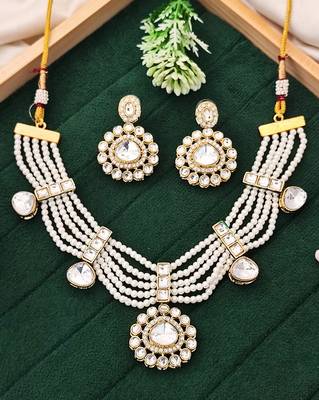 Elegant white pearl kundan necklace set with earrings     bridal wedding jewelry 1