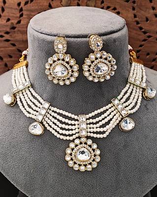 Elegant white pearl kundan necklace set with earrings     bridal wedding jewelry 3