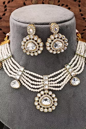 Elegant white pearl kundan necklace set with earrings     bridal wedding jewelry