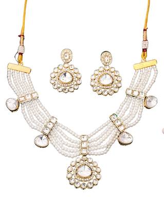 Elegant white pearl kundan necklace set with earrings     bridal wedding jewelry 4