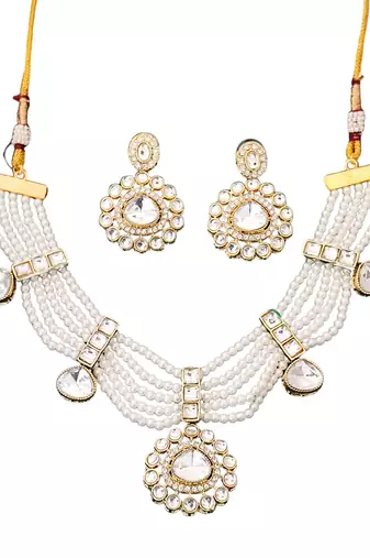 Elegant white pearl kundan necklace set with earrings     bridal wedding jewelry