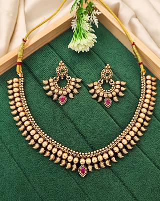 Traditional gold plated necklace set with earrings     antique temple design for women 1
