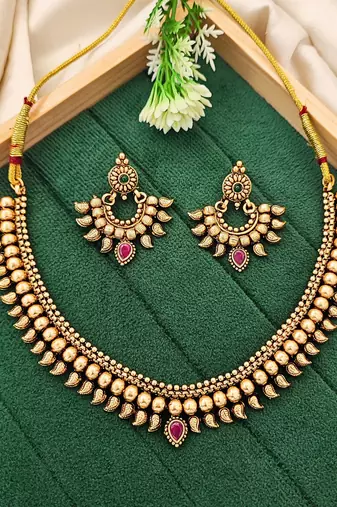 Traditional gold plated necklace set with earrings – antique temple design for women