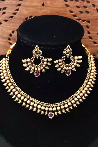 Traditional gold plated necklace set with earrings     antique temple design for women