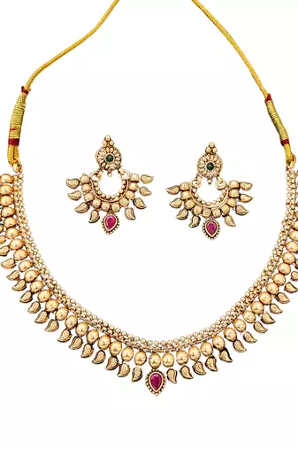 Traditional gold plated necklace set with earrings     antique temple design for women