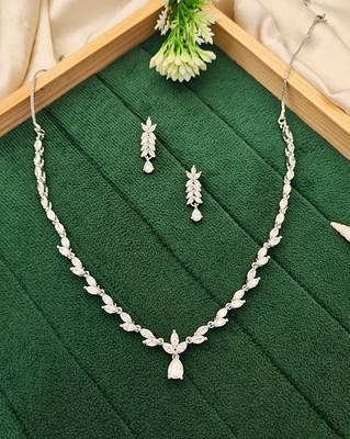 Graceful american diamond leaf design necklace set with earrings for her 1