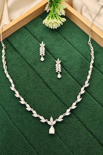 Graceful american diamond leaf design necklace set with earrings for her