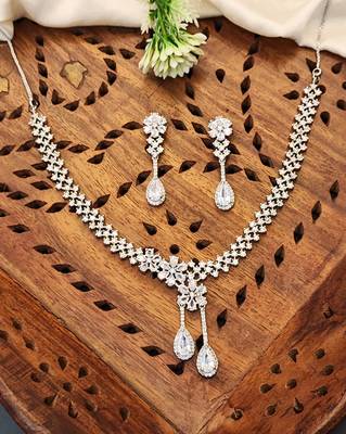 Elegant american diamond floral necklace set with drop earrings for weddings and special occasions 1