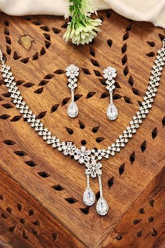 Elegant american diamond floral necklace set with drop earrings for weddings and special occasions