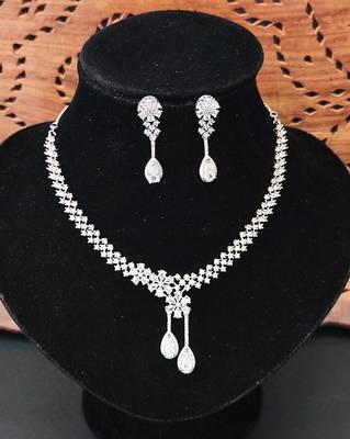Elegant american diamond floral necklace set with drop earrings for weddings and special occasions 3