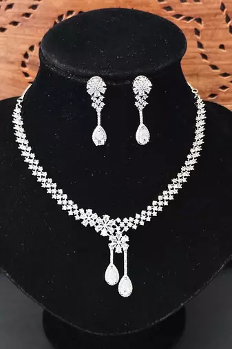 Elegant american diamond floral necklace set with drop earrings for weddings and special occasions