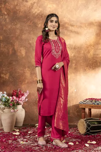 Pink Designer Straight Kurti Pant Dupatta Set With Embroidery And Hand Work