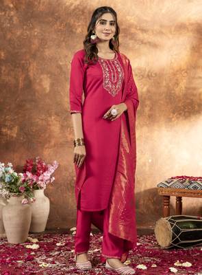 Pink Designer Straight Kurti Pant Dupatta Set With Embroidery And Hand Work 1